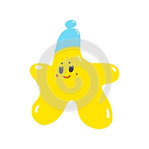 Cute yellow smiling vector little star in blue hat isolated on white background vector illustration. Doodle