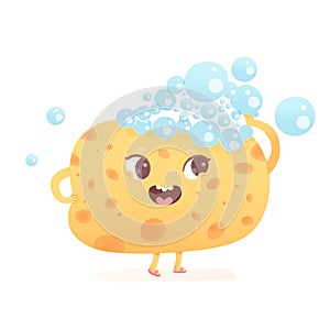 Cute yellow sponge character, kawaii washcloth emoji with soap bubbles for cleaning skin