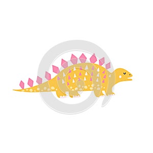 Cute yellow stegosaurus in childish style. Funny dinosaur print