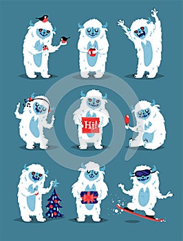 Cute Yeti Abominable Snowman, Bigfoot Sasquatch bigfoot monsters character like people vector set.