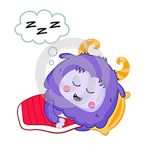 Cute Yeti or Bigfoot character sleeping in bed in cartoon style