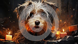 Cute Yorkshire Terrier dog next to Christmas candles, Christmas lights. AI generating