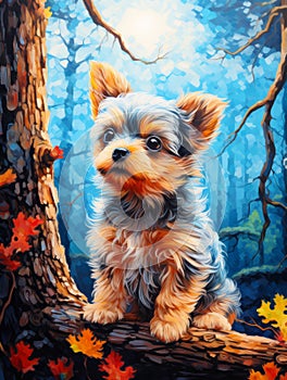 Cute Yorkshire Terrier in the Forest Illustration.