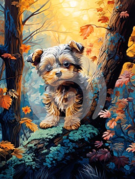 Cute Yorkshire Terrier in the Forest Illustration.