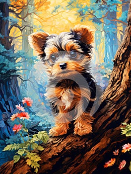 Cute Yorkshire Terrier in the Forest Illustration.