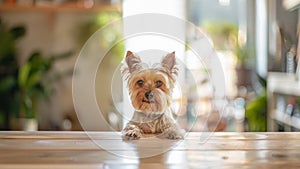 Cute Yorkshire terrier sits on empty wooden counter with place for montage pet food or products