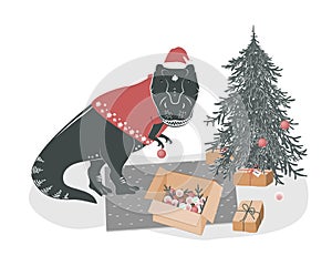 Cute yound T rex dinosaur decorating Christmas tree. Tyrannosaurus Xmas. Winter festive print, vector illustration