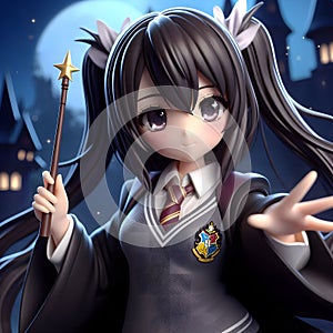 A cute young anime girl, holding a magic stick with an adorable, confident expression, magical castle in night, 3D cartoon toy