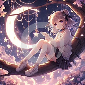 A cute young anime girl sitting with chill pose, on a branch of tree, flowers, crescent moon, stars, night, fantasy, anime art