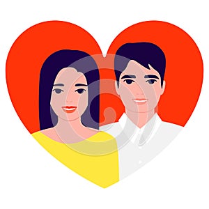 Cute young asian couple man and woman together in red love heart. Boyfriend and girlfriend in relationship. Guy and girl