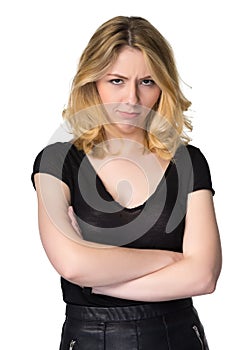 Cute young blond girl, angry - humorous concept, isolated