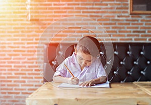 Cute young boy doing homework