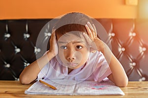 Cute young boy doing homework