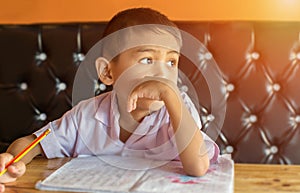 Cute young boy doing homework