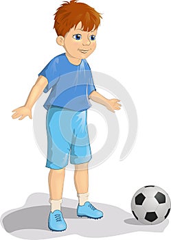 Cute young boy football or soccer player in blue uniform with ball cartoon vector illustration