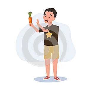 cute young boy,kid do not want to eat vegetable, carrot. children hate vegetables. Flat vector cartoon illustration