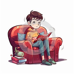 A cute young boy read a book on the sofa image on white background generative AI