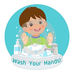 Cute Young Boy washing hands in the sink. Vector Illustration Of Washing Hands.