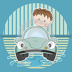 Cute young cartoon boy driving car. Vector illustration.