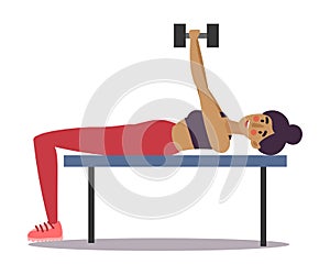 Cute young dark-haired girl lying and doing exercise with dumbbells in a gym. Vector illustration in the flat cartoon