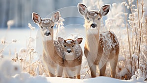 Cute young deer standing in snowy meadow, looking at camera generated by AI