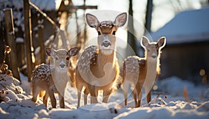 Cute young deer standing in snowy winter forest generated by AI