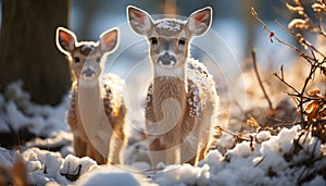 Cute young deer standing in snowy winter meadow generated by AI
