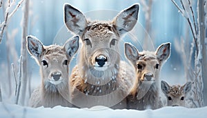 Cute young deer in winter forest, looking at camera generated by AI