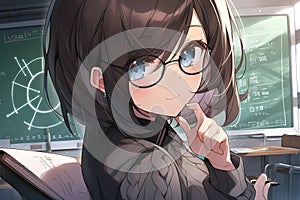 cute young female teacher with short black hair and blue eyes, with glasses against of a school board