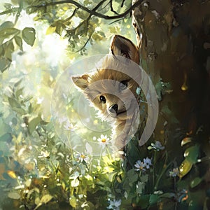 Cute Young Fox Peeking from Behind Tree in Enchanted Forest Scene