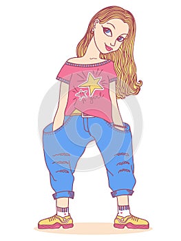 Cute young girl in denim fashion clothes. Vector hand drawn teenager girl with long hairstyle isolated on white background