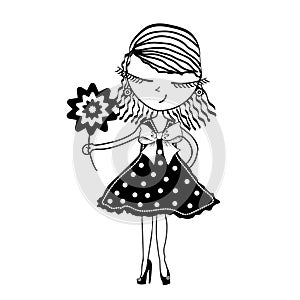Cute young girl with flowers on white background