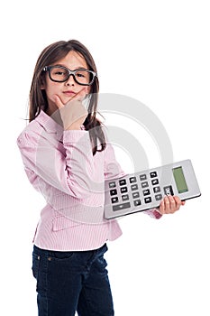 Cute Young Girl with Glasses and a Calculator.