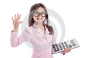 Cute Young Girl with Glasses and Calculator.