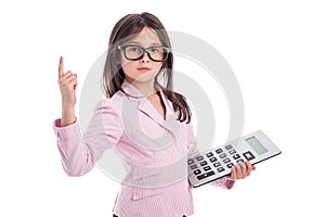 Cute Young Girl with Glasses and Calculator.