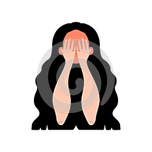 Cute young girl head, covering face with hands while crying. Sad expression. Cartoon character isolated on white background.