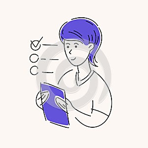 A cute young girl holds a document in her hands and thinks about completing tasks. Vector illustration.