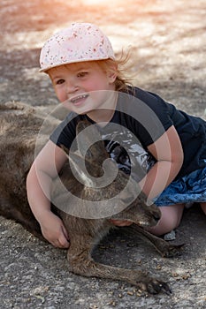 Cute young girl and kangaroo in the zoo. Little child girl age 1-2 feed grey kangaroo in Israel