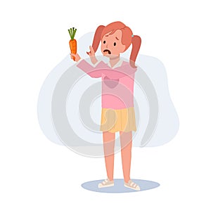 cute young girl,kid do not want to eat vegetable, carrot. children hate vegetables. Flat vector cartoon illustration