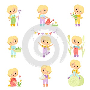 Cute Young Girl in Overalls and Rubber Boots Engaged in Agricultural Activities Set, Farmer Girl Cartoon Character