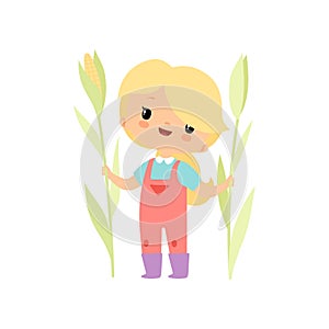 Cute Young Girl in Overalls and Rubber Boots with Growing Corn, Farmer Girl Cartoon Character Vector Illustration