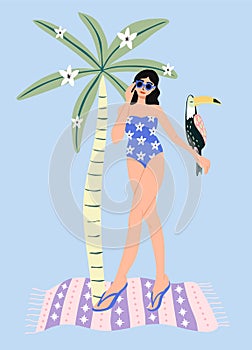 Cute young girl with toucan and palm tree on the beach. Summer background.