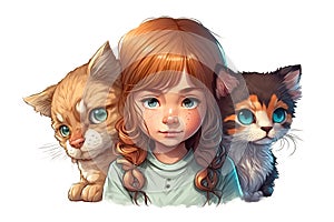 Cute young girl with two cats, cartoon illustration generated by AI