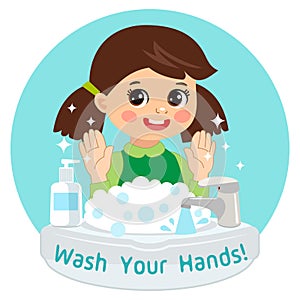 Cute Young Girl washing hands in the sink. Vector Illustration.