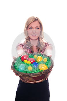 Cute Young Girl Women handing Easter Basket Eggs color