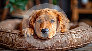 Cute young golden cocker spaniel is comfortably located on soft, cozy litter. Pet is lying on the litter for dogs. Friendly dog
