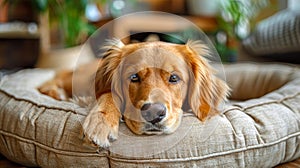 Cute young golden cocker spaniel is comfortably located on soft, cozy litter. Pet is lying on the litter for dogs. Friendly dog