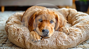 Cute young golden cocker spaniel is comfortably located on soft, cozy litter. Pet is lying on the litter for dogs. Friendly dog
