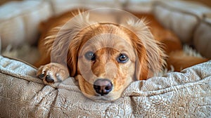 Cute young golden cocker spaniel is comfortably located on soft, cozy litter. Pet is lying on the litter for dogs. Friendly dog