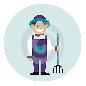 Cute young guy farmer with forks. Vector flat design illustration